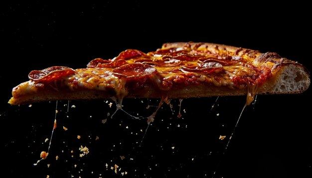 Una rebanada voladora de pizza de pepperoni con queso en un fondo negro
