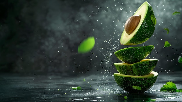 las rebanadas de aguacate caen en el agua sobre un fondo borroso