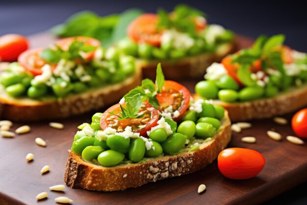 Rebanadas de bruschetta decoradas con frijoles edamame de color verde brillante