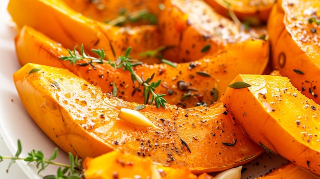 Rebanadas de calabaza asada con ajo y hierbas cercanas Calabaza horneada en el horno generativa blanca Ai