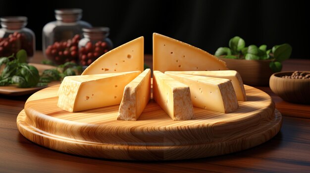 Foto rebanadas desordenadas de queso cortado en diferentes formas en platos de madera comida sobre fondo negro