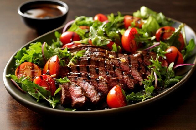 Rebanadas de filete a la parrilla servidas con verduras