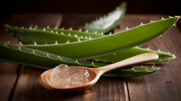 Rebanadas frescas de tallo de aloe vera y gel en el espacio de copia del concepto de terapia de la piel de la mesa de madera