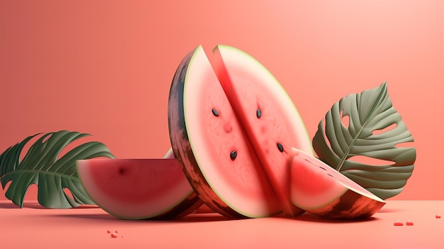 Rebanadas de fruta de sandía 3D levitando Composición jugosa de verano Generativo ai