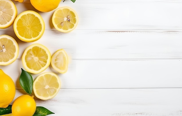 rebanadas de frutas de limón frescas con hojas en el respaldo de mesa de madera blanca