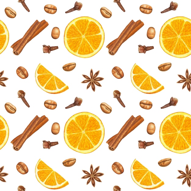 Rebanadas de frutas de naranja canela palos de café granos de clavo y anís estrella especias patrón sin costuras