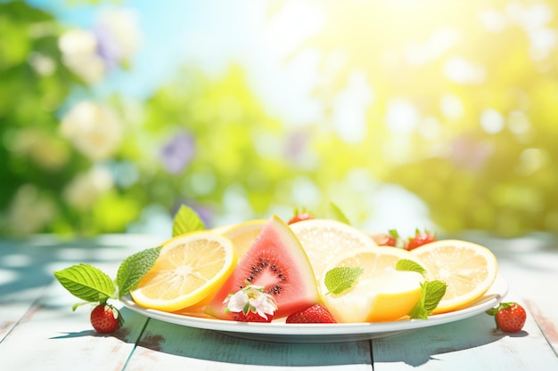 Rebanadas de frutas en el plato cerca de la palabra de verano