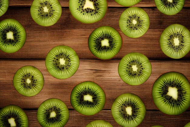 Foto rebanadas de kiwi aisladas sobre un fondo de madera