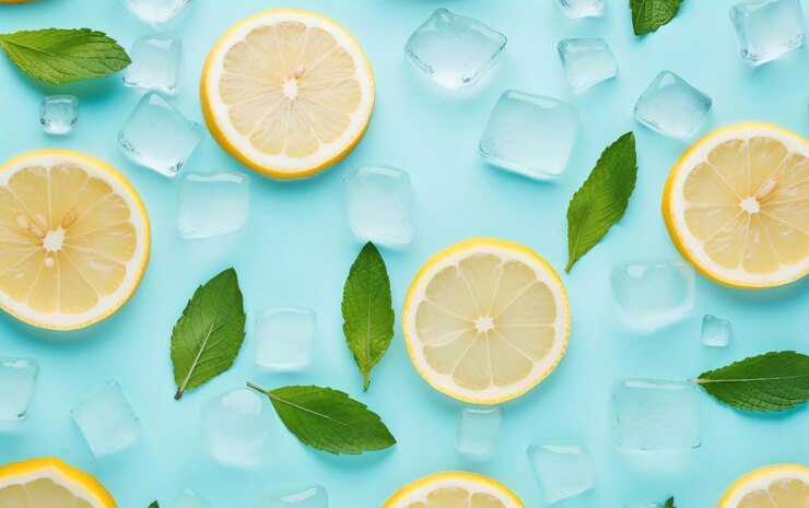 Rebanadas de limón con hojas de menta y cubos de hielo sobre fondo azul