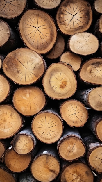 Las rebanadas de madera apiladas son un arreglo rústico y natural que muestra la belleza de las texturas orgánicas