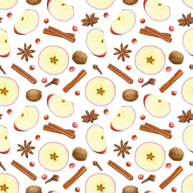 Rebanadas de manzana roja canela palos nueces clavos de bayas y anís estrella especias patrón sin costuras