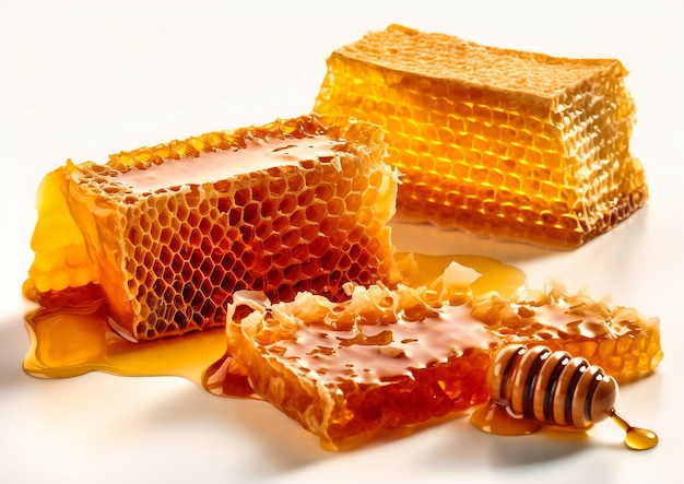 rebanadas de miel y panal sobre un fondo blanco