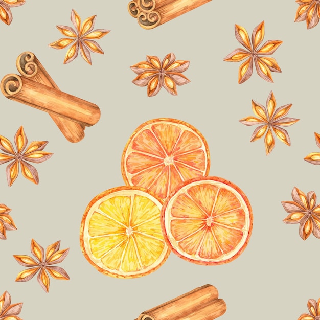 Rebanadas de naranja, anís estrella y palitos de canela sobre un fondo gris claro Patrón de acuarela sin costuras festivo Ideal para la tela