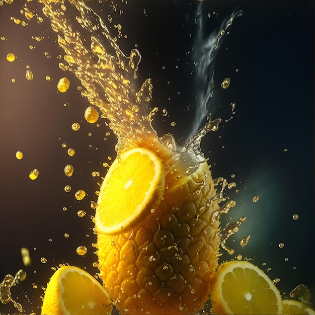 Rebanadas de naranja y limón con salpicaduras de agua en fondo oscuro