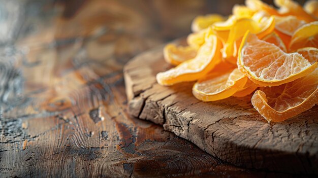 Rebanadas de naranjas secas apiladas en una superficie de madera