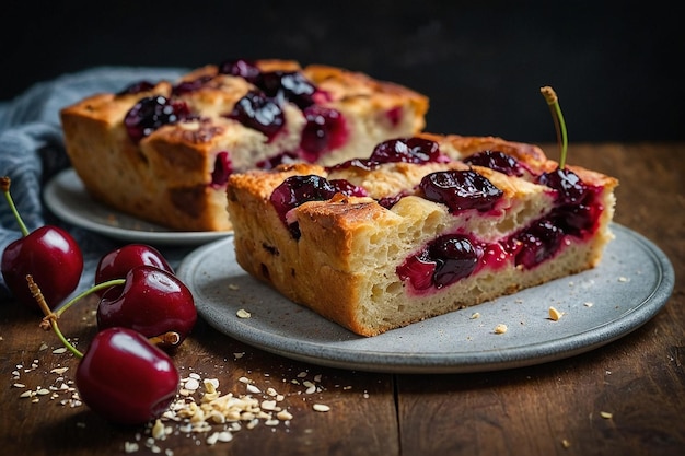 Foto rebanadas de pan de cereza y focaccia