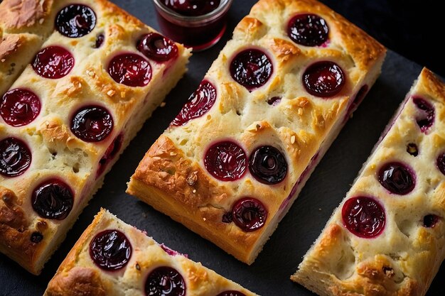 Foto rebanadas de pan de cereza y focaccia