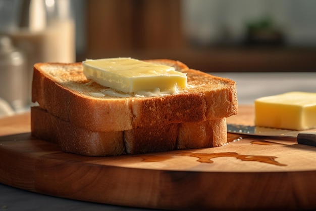 Rebanadas de pan con mantequilla en tablero de madera con IA generada