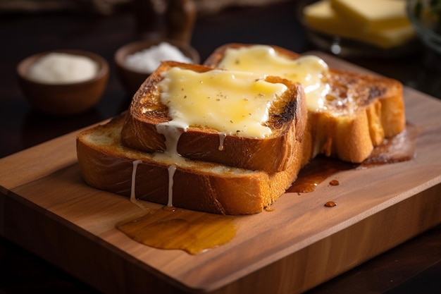 Rebanadas de pan con mantequilla en tablero de madera con IA generada