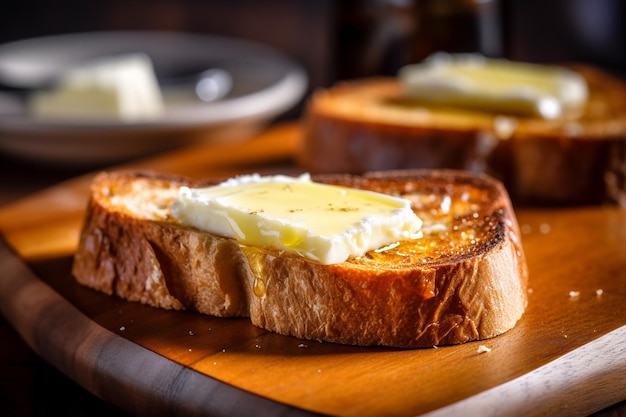 Rebanadas de pan con mantequilla en tablero de madera con IA generada