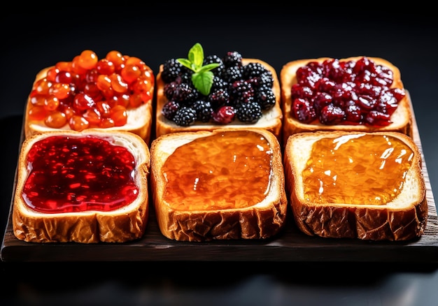 Rebanadas de pan o tostadas con diferentes tipos de mermelada dulce o fruta sobre fondo oscuro generado por IA