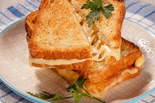 Rebanadas de pan tostado con queso y perejil verde en plato blanco con servilleta de cocina azul