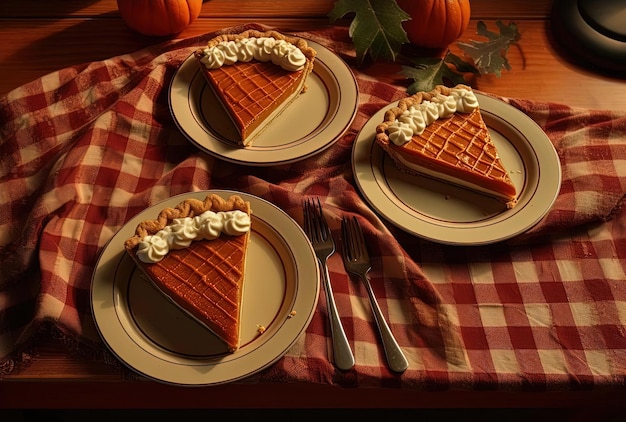 rebanadas de pastel de calabaza colocadas en platos planos al estilo de la cultura de consumo estadounidense