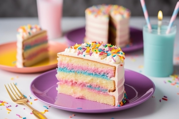 Foto rebanadas de pastel de cumpleaños en un plato
