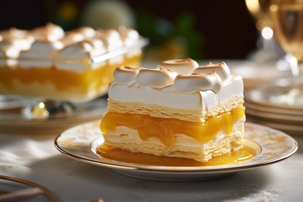 Rebanadas de pastel de merengue de limón en platos de postre