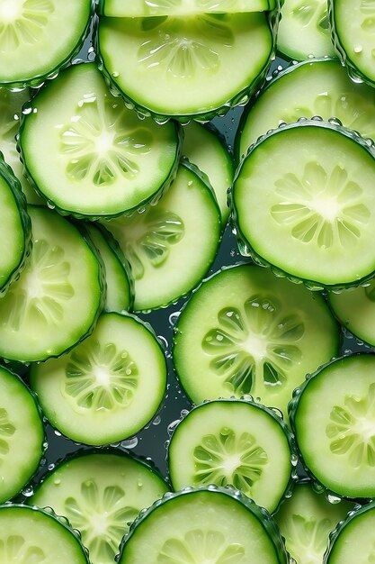 Rebanadas de pepino crujientes y refrescantes con gotas de agua IA generativa