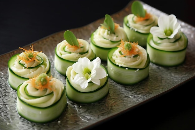 rebanadas de pepino con una flor en la parte superior