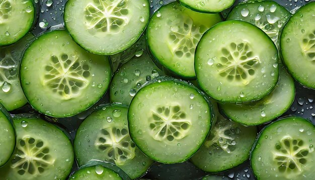 Foto rebanadas de pepino con gotas de agua verduras verdes alimentos orgánicos naturales frescos