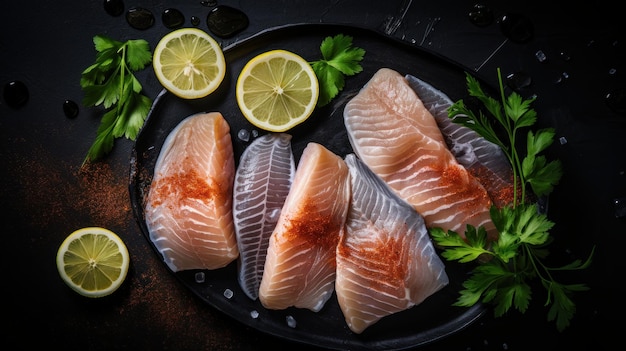 rebanadas de pescado fresco con limones y hojas de cilantro sobre fondo negro IA generativa