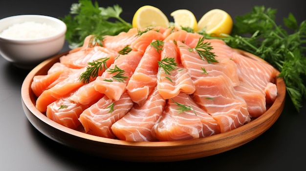 Rebanadas de pescado en un plato sobre blanco