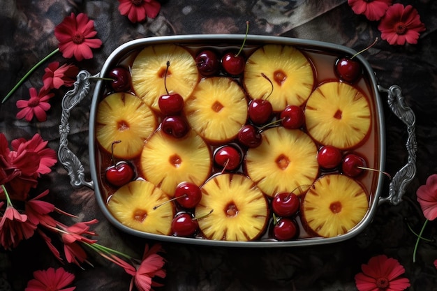 Rebanadas de piña y cerezas dispuestas en una sartén de pastel creada con AI generativa