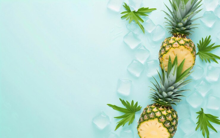 Rebanadas de piña con hojas de menta y cubos de hielo sobre fondo azul
