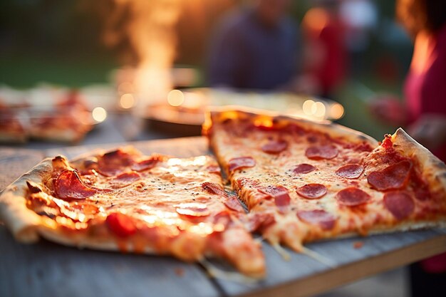 Rebanadas de pizza que se sirven en una celebración de cumpleaños