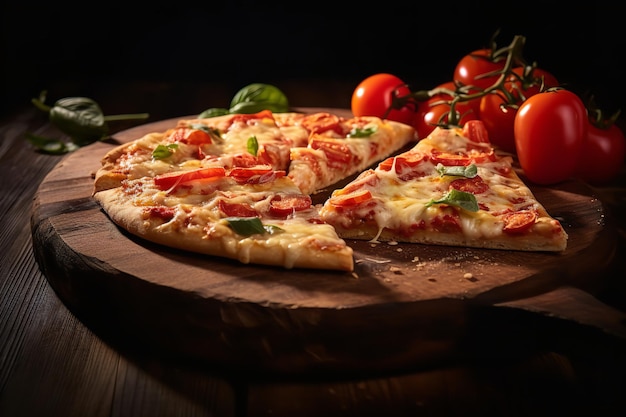 Rebanadas de pizza sobre una tabla de madera rústica