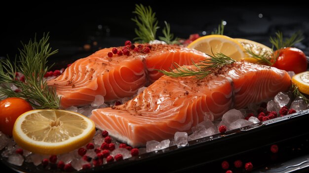 Rebanadas de salmón fresco en una tabla de cortar de madera con rebanadas de limón hierbas tomates cereza en una rama