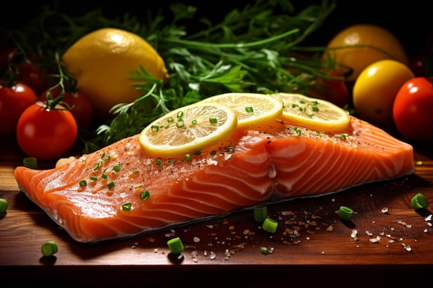 Rebanadas de salmón con limón y perejil sobre fondo de hielo