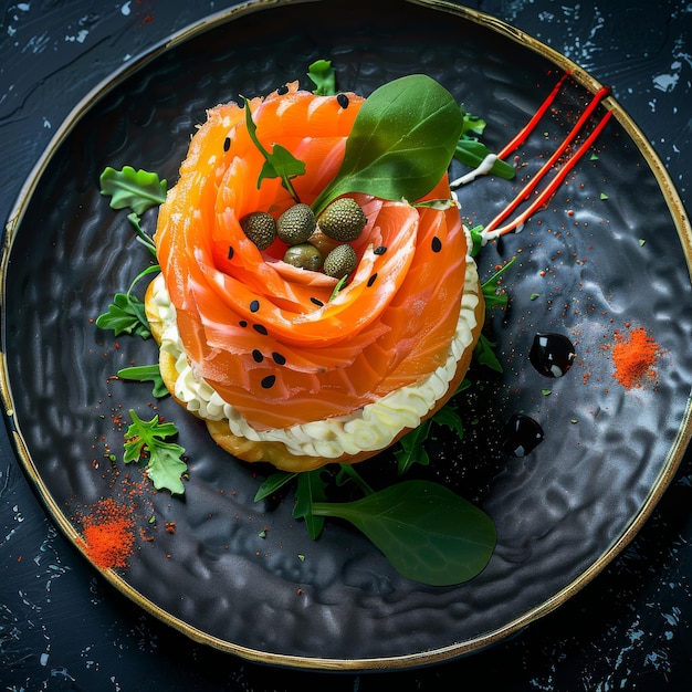 Rebanadas de salmón Millefeuille con crema de queso mousse rúcula y caparazones exquisito sashimi de trucha