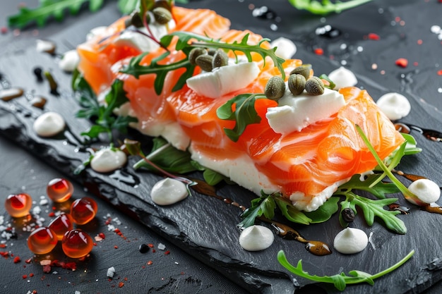 Rebanadas de salmón Millefeuille con crema de queso mousse rúcula y caparazones exquisito sashimi de trucha