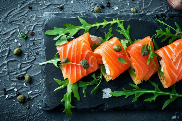 Foto rebanadas de salmón millefeuille con crema de queso mousse rúcula y caparazones exquisito sashimi de trucha