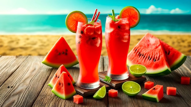Rebanadas de sandía y bebidas para refrescarse en verano