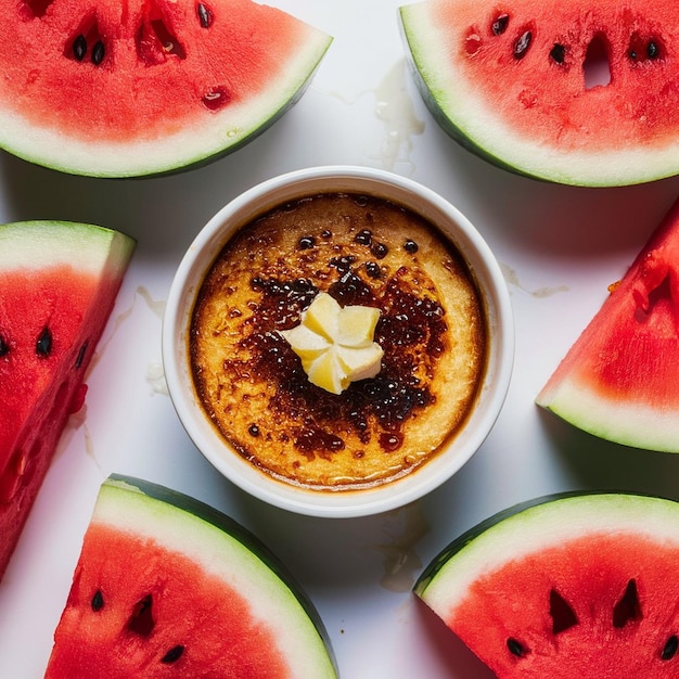 Rebanadas de sandía con un creme brulee