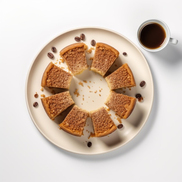 Foto rebanadas simétricas de pastel de café en el plato con café con un retoque mínimo
