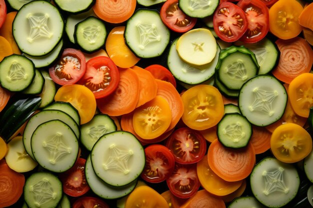 Foto rebanadas de verduras que llenan una textura de fondo detalles finos vista desde arriba sin bordes afilados perfecto