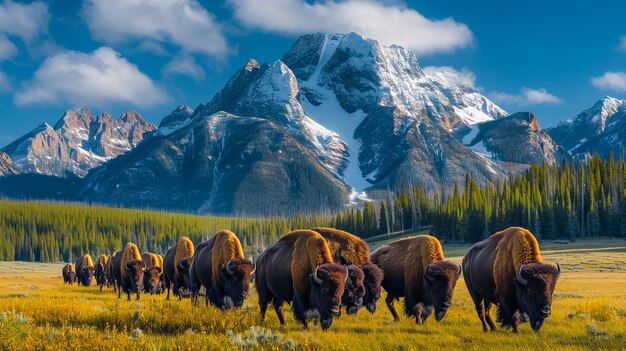 Rebanho de bisontes no deserto americano de Yellowstone