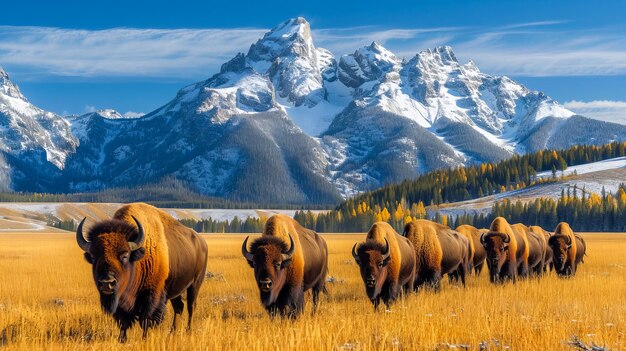 Foto rebanho de bisontes no deserto americano de yellowstone