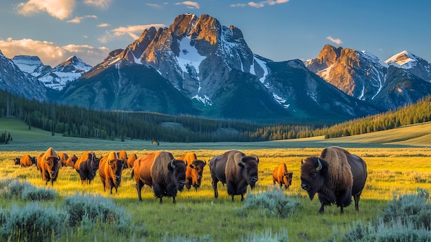 Foto rebanho de bisontes no deserto americano de yellowstone